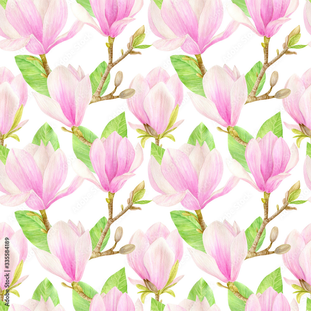 Watercolor Seamless Pattern with Pink Magnolia Flowers and Green Leaves. 
Hand drawn botanical illustration on white background.
