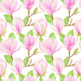 Watercolor Seamless Pattern with Pink Magnolia Flowers and Green Leaves. 
Hand drawn botanical illustration on white background.