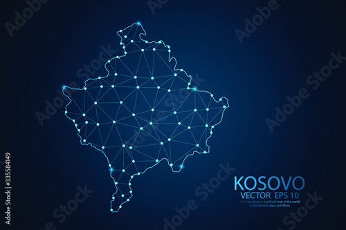 Abstract mash line and point scales on Dark background with map of Kosovo. Wire frame 3D mesh polygonal network line, design polygon sphere, dot and structure. Vector illustration eps 10. photo
