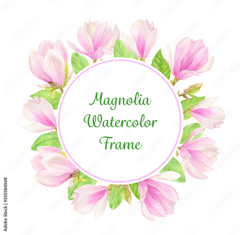 Watercolor Round Frame with Pink Magnolia Flowers and Green Leaves. 
Hand drawn botanical illustration, floral wreath isolated on white background.