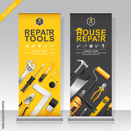 Construction tools roll up design and standee banner template for exhibition