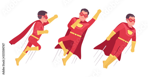 Male super hero in classic costume, flying pose. Heroic strong brave warrior, superpower man with superior combat, battle skills, successful extraordinary guy. Vector flat style cartoon illustration