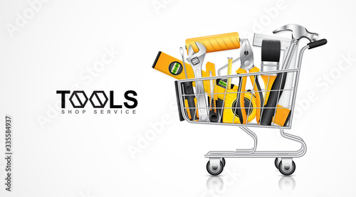 Construction concept tools shop service banner shopping cart with set all of tools supplies for house repair builder on white background vector illustration