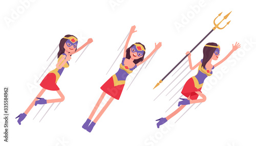 Female super hero in attractive costume flying pose. Effective wonder warrior  superpower sexy woman with superior combat and battle skills  extraordinary lady. Vector flat style cartoon illustration
