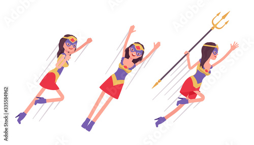 Female super hero in attractive costume flying pose. Effective wonder warrior, superpower sexy woman with superior combat and battle skills, extraordinary lady. Vector flat style cartoon illustration