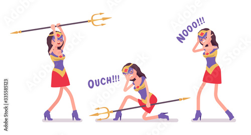 Female super hero in attractive costume, negative emotions. Effective wonder warrior, superpower sexy woman with superior combat, battle skills, successful lady. Vector flat style cartoon illustration