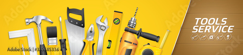 Construction concept tools shop service horizontal banner and flat icons set all of tools supplies for house repair builder on white background vector illustration