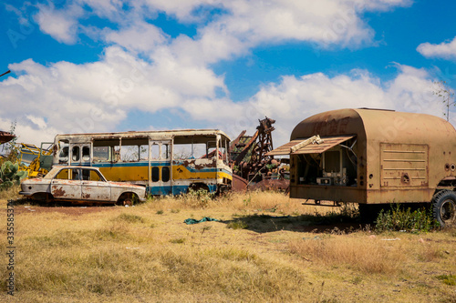Crushed Buses on the Tank Graveyard in Asmara, Eritrea