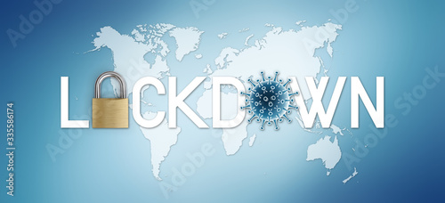 lockdown text written with padlock and corona virus symbol icon on world map in blue background with copy space photo