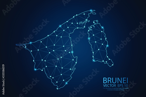 Abstract mash line and point scales on dark background with map of Brunei. Wire frame 3D mesh polygonal network line, design sphere, dot and structure. Vector illustration eps 10.