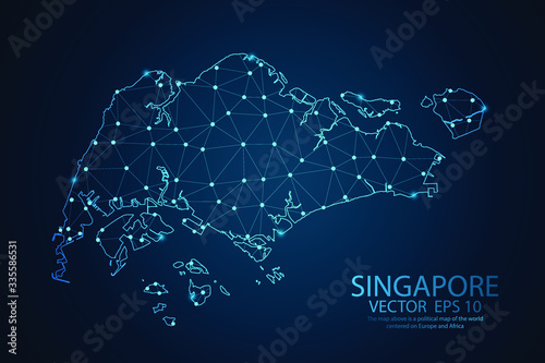 Abstract mash line and Point scales on dark background with map of Singapore. Wire frame 3D mesh polygonal network line, design sphere, dot and structure. Vector illustration eps 10.