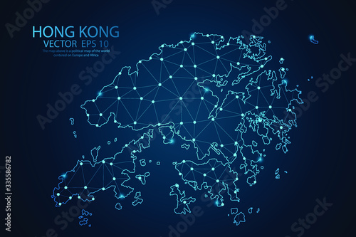 Abstract mash line and point scales On dark background with map of Hong Kong. Wire frame 3D mesh polygonal network line, design sphere, dot and structure. Vector illustration eps 10