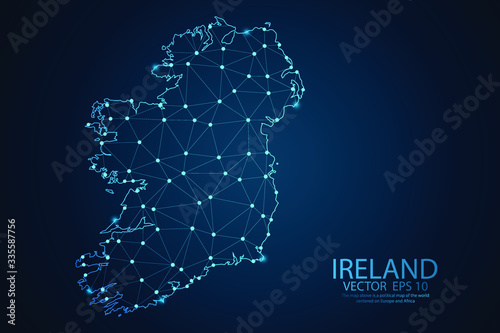 Abstract mash line and point scales on Dark background with map of Ireland. Wire frame 3D mesh polygonal network line, design polygon sphere, dot and structure. Vector illustration eps 10.