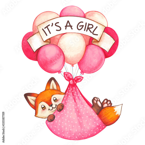 Watercolor baby girl newborn fox flying on colorful balloons