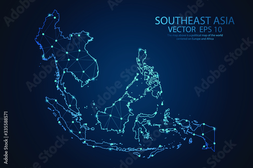 Abstract mash line and point scales on dark background with map of Southeast Asia. Wire frame 3D mesh polygonal network line, design sphere, dot and structure. Vector illustration eps 10.