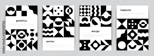 Bauhaus poster. Minimal monochrome geometric banners with simple black shapes in Swiss style. Vector illustration trendy abstract flyers set with graphic architectural modernism composition