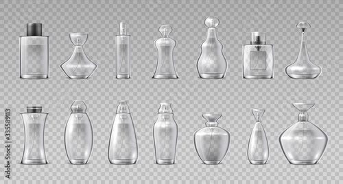 Perfume bottles. Realistic 3D glass containers for fragrance water  aroma cosmetic spray flask. Vector container makeup glossy cristales vial set on transparent background