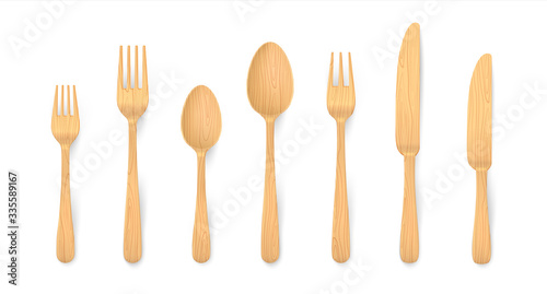 Realistic wooden cutlery. Biodegradable bamboo table forks, spoons and knifes made of natural reusable material. Vector 3D eco wooden isolated set for setting dinner