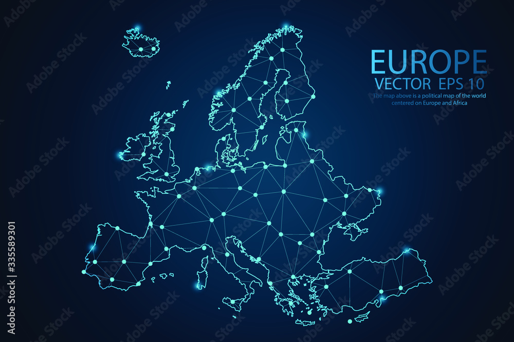 Map of Europe Point scales on dark background with Map World. Wire frame 3D mesh polygonal network line, design sphere, dot and structure. Vector illustration eps 10. - obrazy, fototapety, plakaty 