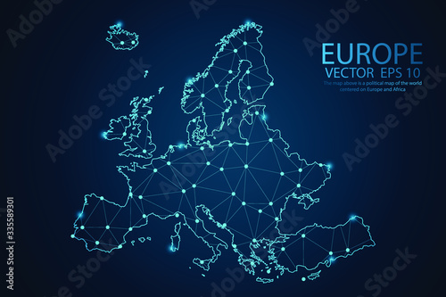 Map of Europe Point scales on dark background with Map World. Wire frame 3D mesh polygonal network line, design sphere, dot and structure. Vector illustration eps 10. photo