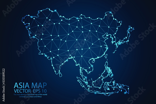 Abstract mash line and point scales on dark background with map of Asia. Wire frame 3D mesh polygonal network line, design sphere, dot and structure. Vector illustration eps 10.