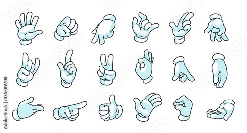 Cartoon hands in gloves. Doodle comic mascot arms, human character palms and fingers in white gloves showing gestures. Vector illustration doodle cartoons motion hands collection photo