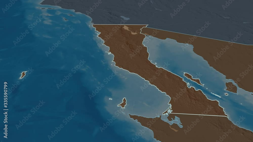 Baja California, state with its capital, zoomed and extruded on the administrative map of Mexico in the conformal Stereographic projection. Animation 3D Baja California, state with its capital, zoomed and extruded on the administrative map of Mexico in the conformal Stereographic projection. Animation 3D