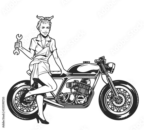 Classic motorcycle and beautiful pinup girl