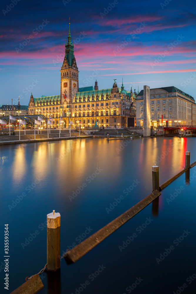 Hamburg, Germany. Cityscape image of Hamburg downtown with City Hall during sunset.