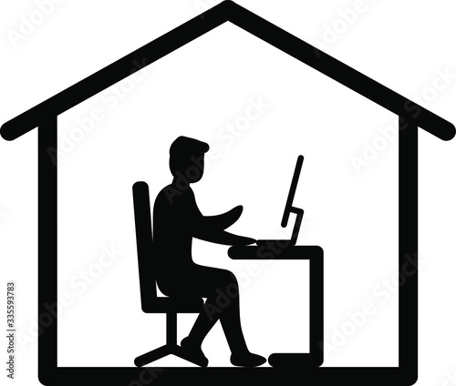 Man work from home to prevent coronavirus spreading vector icon concept, social isolation, self quarantine flat cartoon concept.