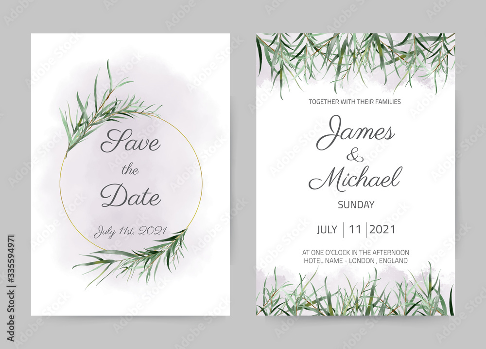 Beautiful watercolor eucalyptus wedding invitation card template