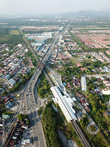 Aerial view railway and road infrastructure at Nibong Tebal.