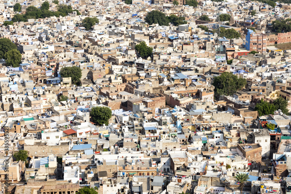 View from above, stunning aerial view of the Jodhpur Blue City, Rajasthan, India. Jodhpur is a city in the Thar Desert of the northwest Indian state of Rajasthan, India.