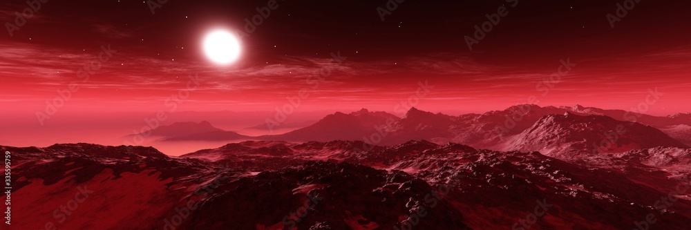 alien landscape, a panorama of a surface of another planet at sunrise, 3d rendering