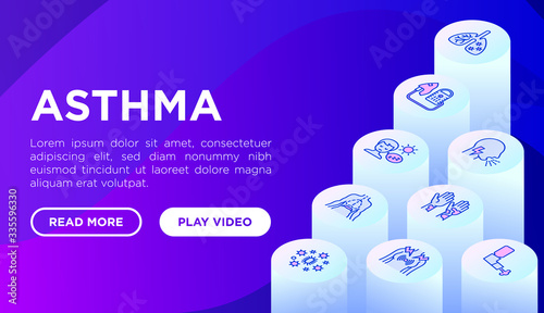 Asthma web page template with thin line isometric icons: allergen, dyspnea, cough, wheezing, chest pain, diaphragm, asthma attack, sputum, peak flow meter, inhaler, nebulizer. Vector illustration.