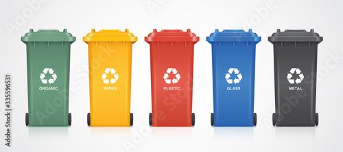 green, yellow, orange, red, blue and black recycle bins with recycle symbol isolated on white background vector illustration