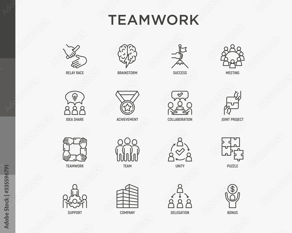 Teamwork thin line icons set: relay race, brainstorm, success, meeting, idea share, collaboration, joint project, unity, support, delegation, bonus. Modern vector illustration.