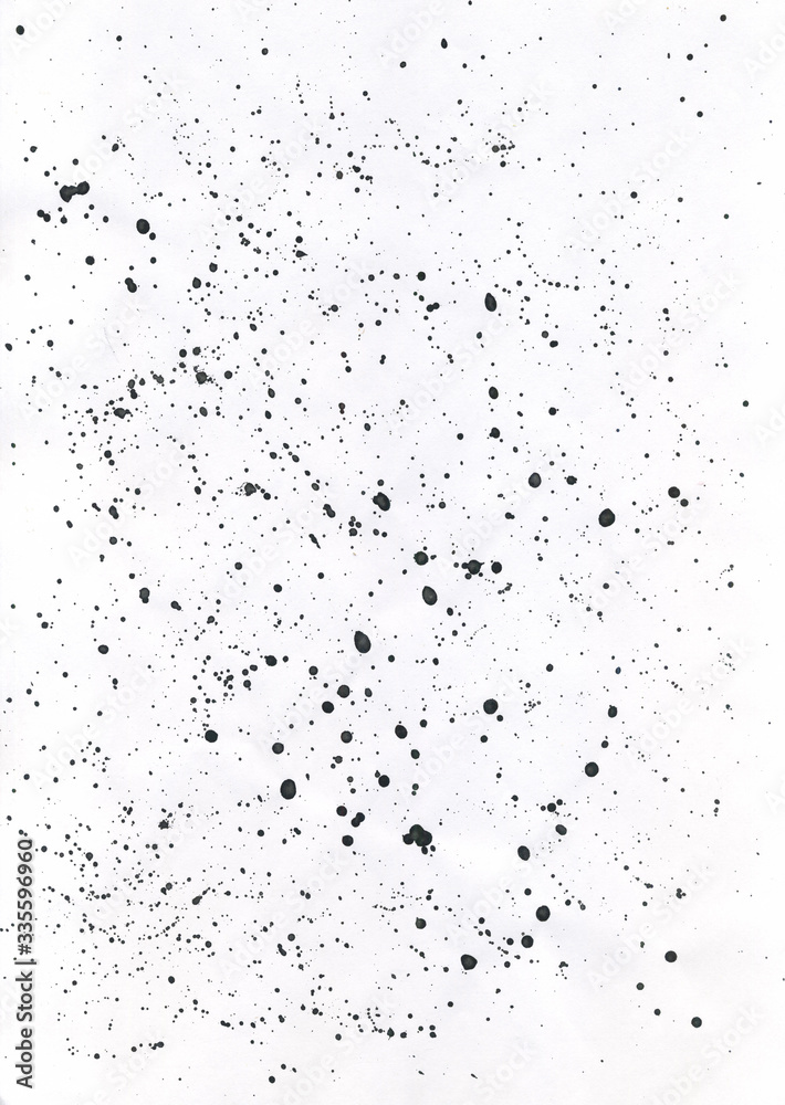 Ink splatter splashes isolated on white background. Hand drawn ink texture backdrop.