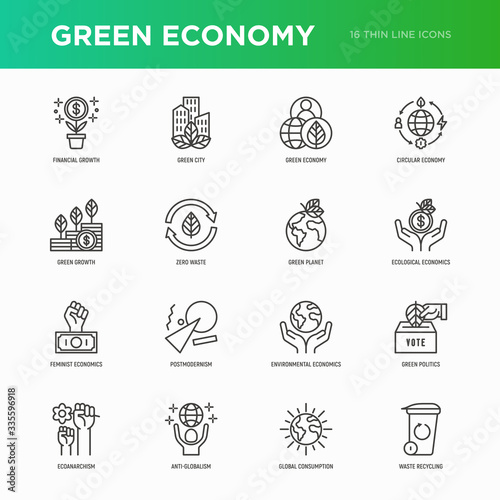 Green economy thin line icons set: financial growth, green city, zero waste, circular economy, green politics, anti-globalism, global consumption. Vector illustration for environmental issues.