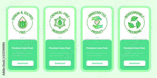 Organic cosmetics symbols. Mobile user interface with thin line icons. Sodium and sulfate free, chemical-free ingredients, handgrafted product, biodegradable packaging. Vector illustration.