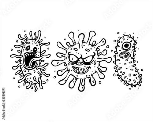 Set of 3 virus monster hand drawn vector. Hand drawn line art cartoon illustration. Isolated icon on white background