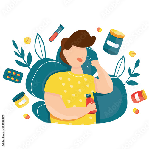 High temperature vector illustration. Symptoms of the disease and sick. Temperature, cough, runny nose. Epidemic. Pandemic. Coronavirus. Quarantine. Virus attack. With drug, pills and medical stuff.