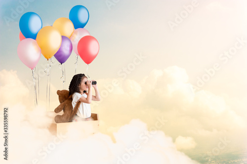 New Semester New Adventure  back to school conceptual  image of cute little girl exited to go to school togetherwith her beloved teddy bear on balloon  imagine of kids learning new things with exited
