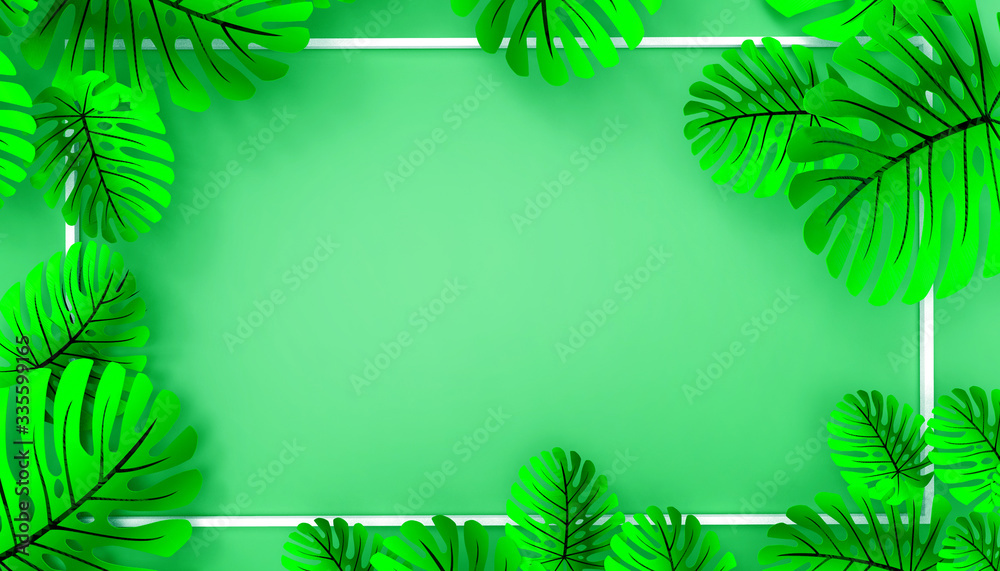 Green leaf border  Plant frames on Green Monotone  background.Greeting card Concept  -  3d rendering