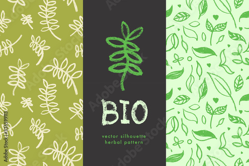 Healthy eating background. Vegetal pattern for banner design with hand-drawn green icons.  Herbs backdrop. vector floral silhouettes for Eat healthy concept and organic farming, healthy food label.