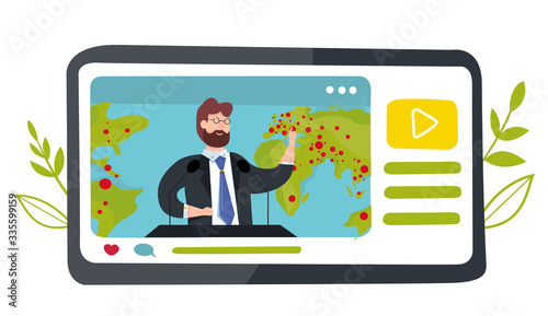 Vector illustration of breaking news. Epidemic Coronavirus COVID-19 spread in the world. politicians and doctors talks about news in the world. Live streaming. Broadcast. Global world's infections