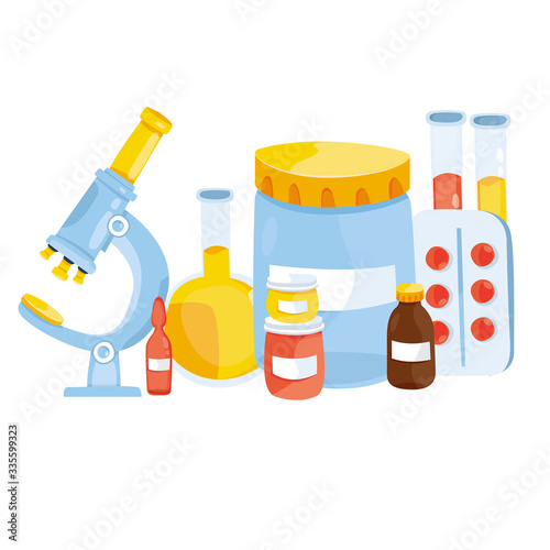 Modern vector illustration of different medical pills and bottles. Pharmacy and medical concept. Drugs, pills, tablet, capsules, bottles, liquids and blisters.