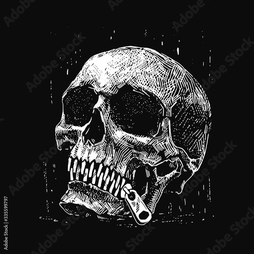 Skull ink drawing. Human skull with zip instead of teeth. Skeleton dark illustration.