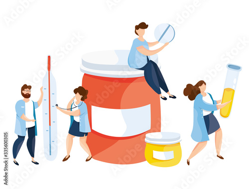 Modern vector illustration of cute doctors with thermometer, pills, drugs, tube, flu vaccine. Medicament Treatment and Health Care. Healthcare persons concept. Doctor will prescribe a prescription.