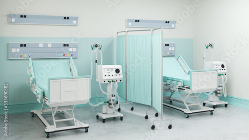 Intensive care bed with ventilator for Covid-19 patient in clinic with coronavirus epidemic (3D Rendering)